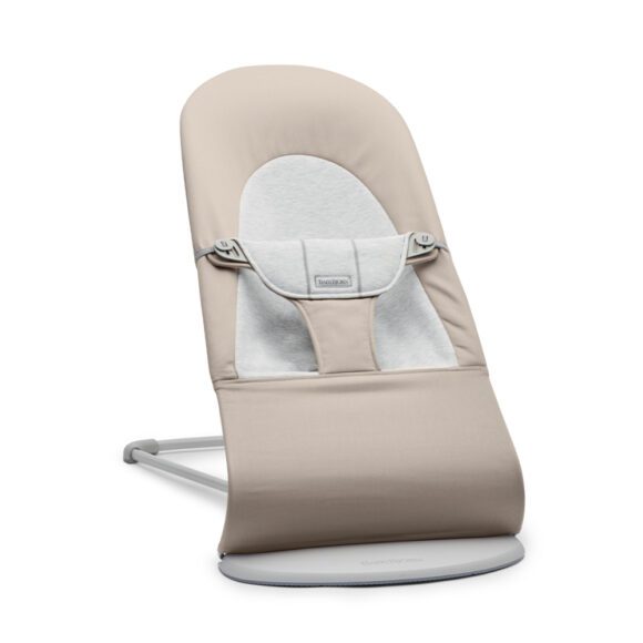 BabyBjörn –  Babywippe Soft – Hellgrauer Rahmen – Baumwolle/Jersey – Beige/Grau