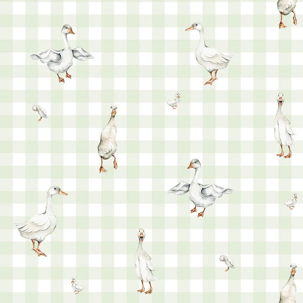 Dekornik - Wallpaper - Ducks On Check Green