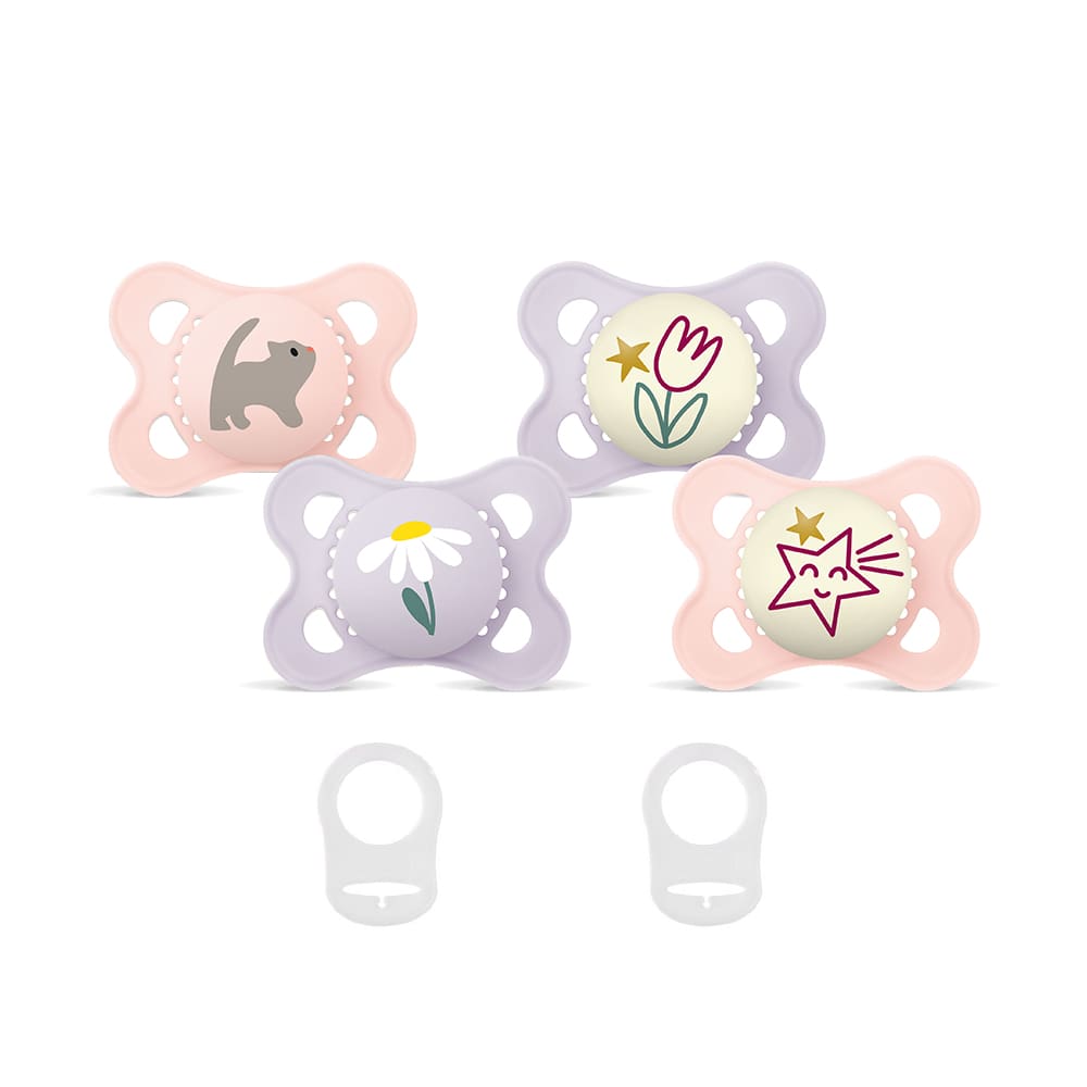 Mam - Pacifier Bundle Original Printed Pink - 0-6m - Day & Night + Transparent Rings