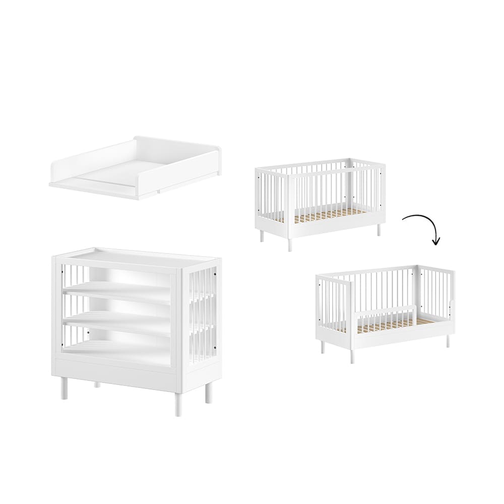 Jaxx - Forrest - 3-Piece Nursery Set - Convertible Cot + Changing Table + Changing Top - White Beech - 70 x 140 cm