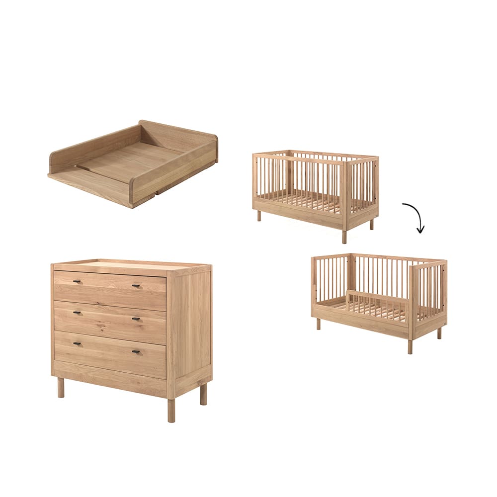 Jaxx - Forrest - 3-Teiliges Babyzimmer-Set - Umbaubares Babybett + Kommode Mit 3 Schubladen + Wickelaufsatz - Eiche - 70 x 140 cm