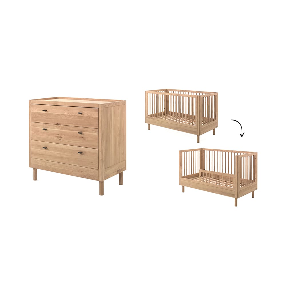 Jaxx - Forrest - 2-Piece Nursery Set - Convertible Cot + 3-Drawer Chest - Oak - 70 x 140 cm