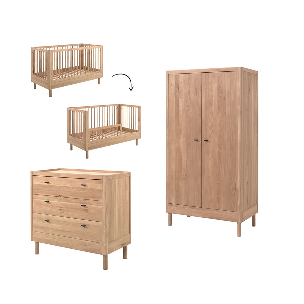 Jaxx - Forrest - 3-Piece Nursery Set - Convertible Cot + 3-Drawer Chest + 2-Door Wardrobe - Oak - 70 x 140 cm
