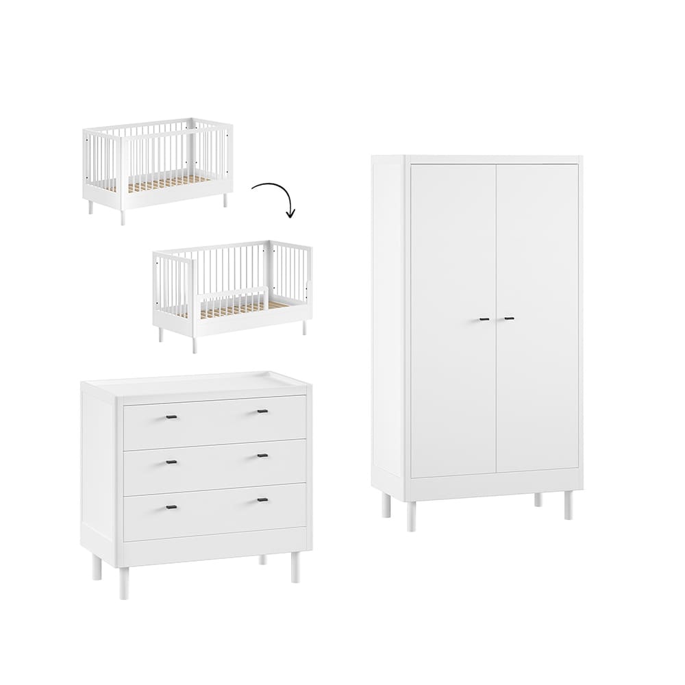 Jaxx - Forrest - 3-Piece Nursery Set - Convertible Cot + 3-Drawer Chest + 2-Door Wardrobe - White Beech - 70 x 140 cm