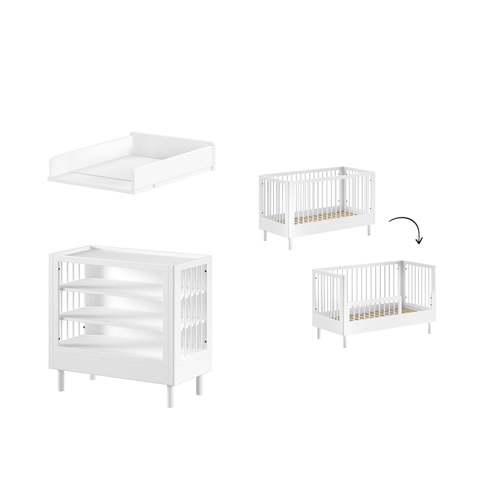 Jaxx - Forrest - 3-Piece Nursery Set - Convertible Cot + 3-Drawer Chest + Changing Top - White Beech - 70 x 140 cm