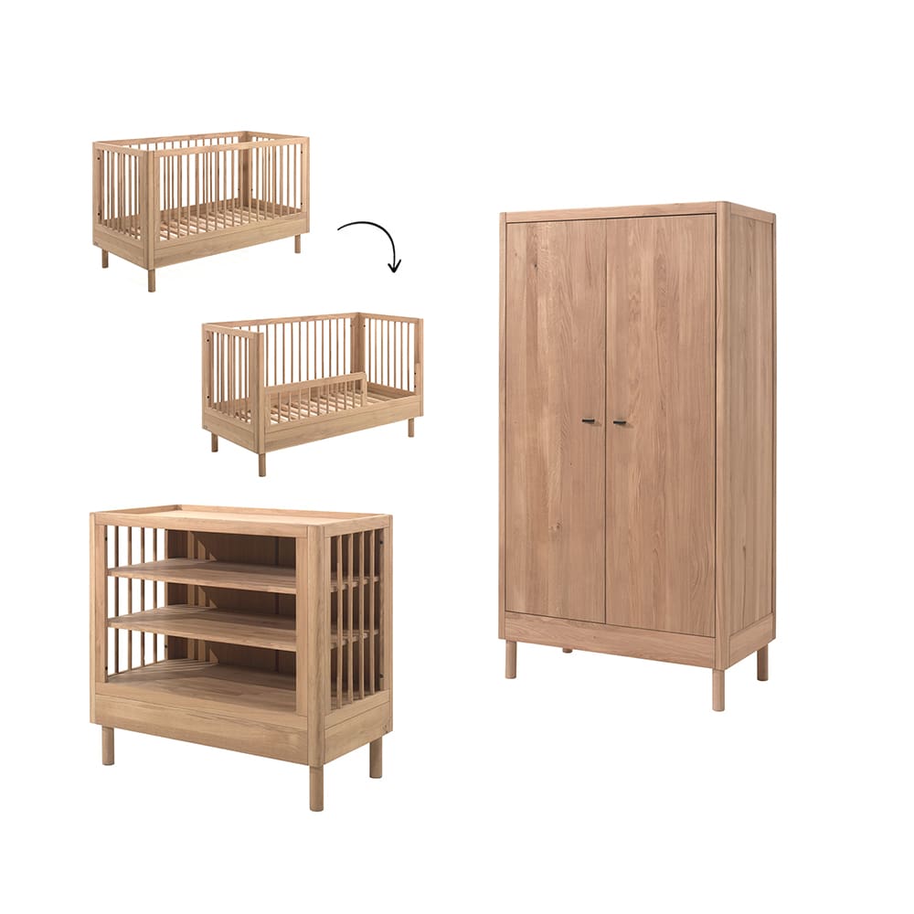 Jaxx - Forrest - 3-Delige Babykamerset - Baby- En Peuterbed + Verzorgingstafel + 2-Deurs Kleerkast - Eik - 70 x 140 cm