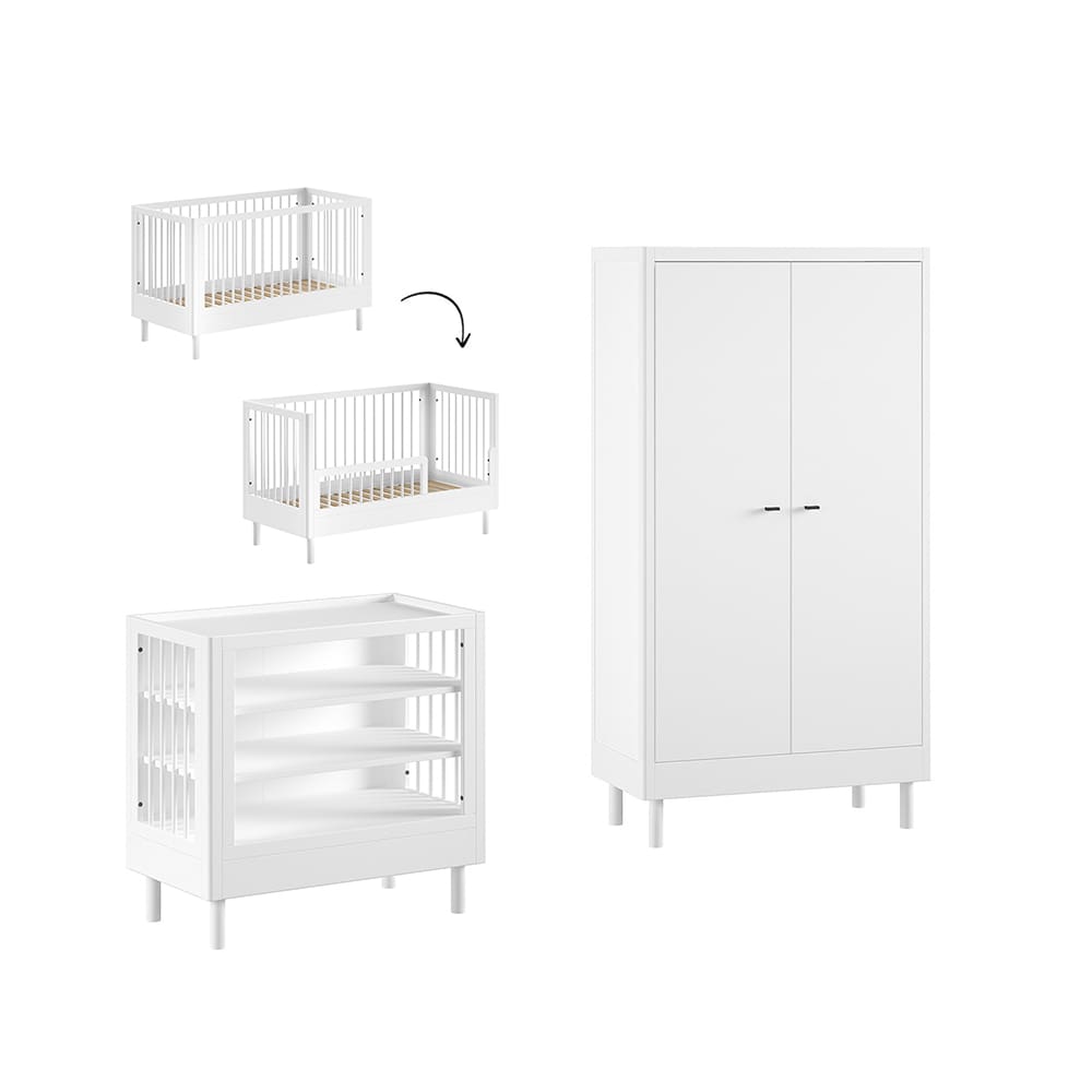 Jaxx - Forrest - 3-Piece Nursery Set - Convertible Cot + Changing Table + 2-Door Wardrobe - White Beech - 70 x 140 cm