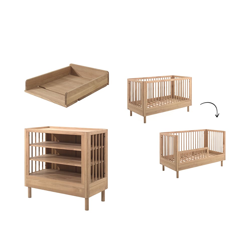 Jaxx - Forrest - 3-Teiliges Babyzimmer-Set - Umbaubares Babybett + Wickelkommode + Wickelaufsatz - Eiche - 70 x 140 cm