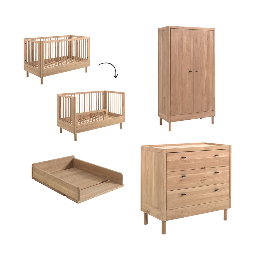 Jaxx - Forrest - 4-Teiliges Babyzimmer-Set - Umbaubares Babybett + Kommode Mit 3 Schubladen + 2-Türiger Kleiderschrank - Eiche - 70 x 140 cm