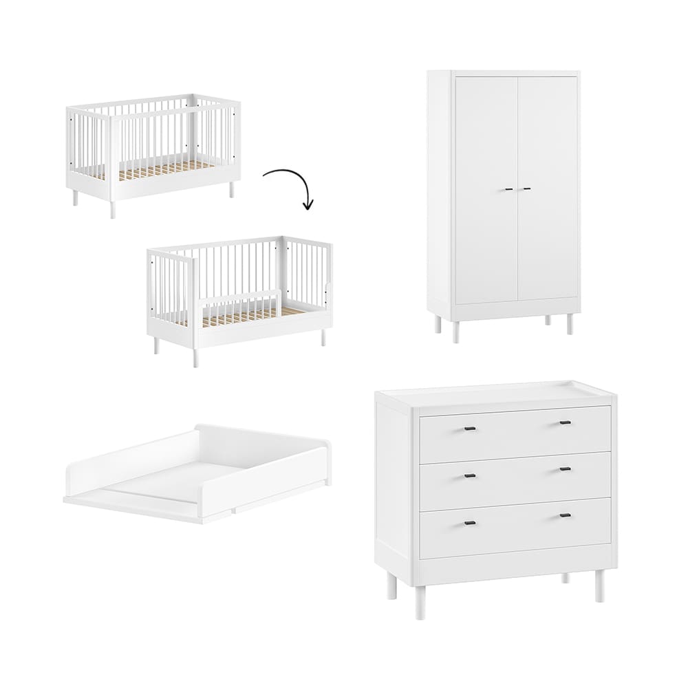 Jaxx - Forrest - 4-Piece Nursery Set - Convertible Cot + 3-Drawer Chest + 2-Door Wardrobe - White Beech - 70 x 140 cm