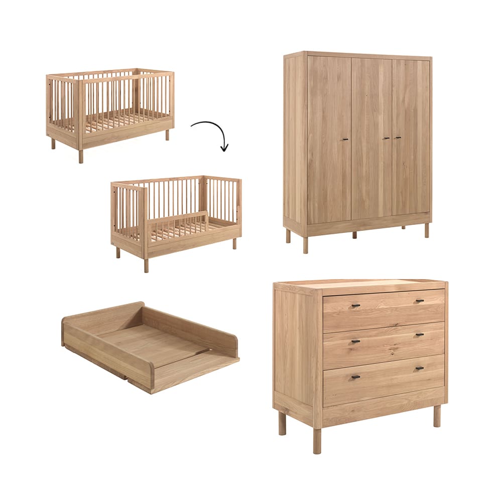 Jaxx - Forrest - 4-Piece Nursery Set - Convertible Cot + 3-Drawer Chest + 3-Door Wardrobe - Oak - 70 x 140 cm