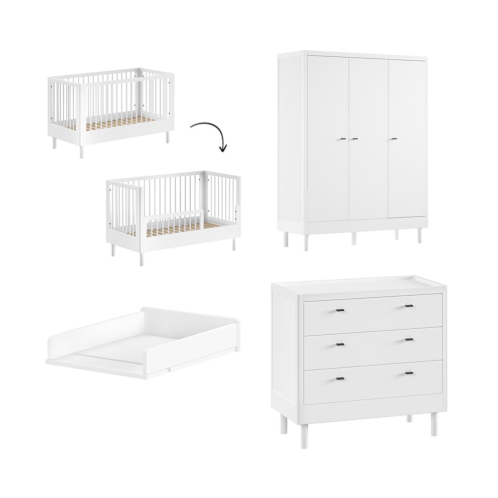 Jaxx - Forrest - 4-Piece Nursery Set - Convertible Cot + 3-Drawer Chest + 3-Door Wardrobe - White Beech - 70 x 140 cm