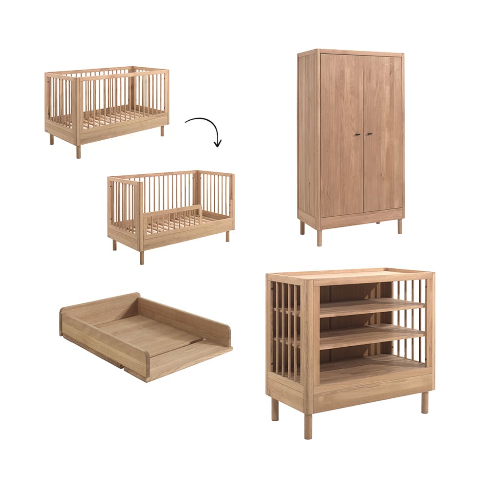 Jaxx - Forrest - 4-Teiliges Babyzimmer-Set - Umbaubares Babybett + Wickelkommode + 2-Türiger Kleiderschrank - Eiche - 70 x 140 cm