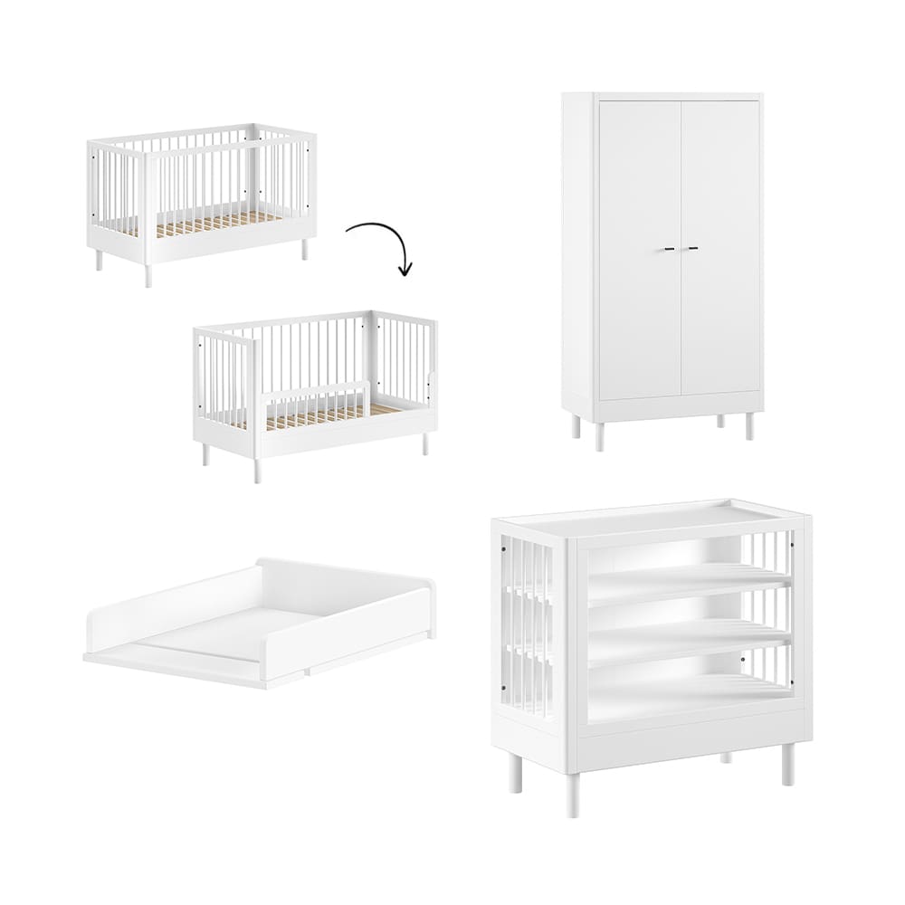 Jaxx - Forrest - 4-Piece Nursery Set - Convertible Cot + Changing Table + 2-Door Wardrobe - White Beech - 70 x 140 cm