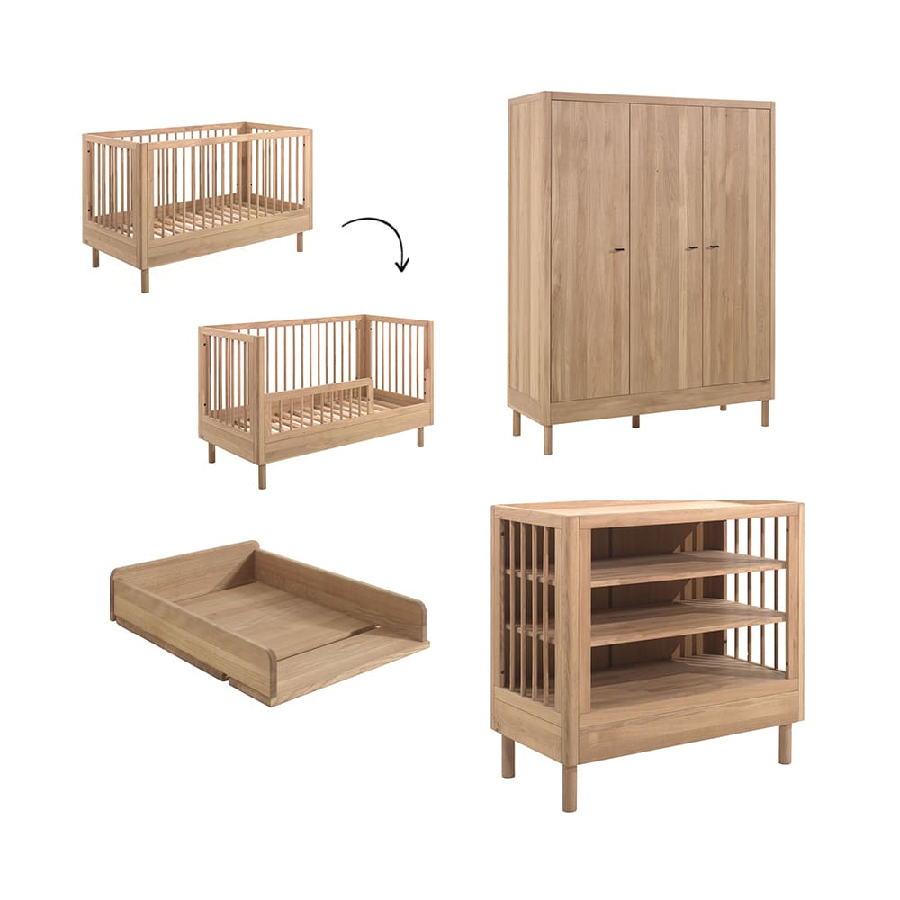 Jaxx - Forrest - 4-Piece Nursery Set - Convertible Cot + Changing Table + 3-Door Wardrobe - Oak - 70 x 140 cm
