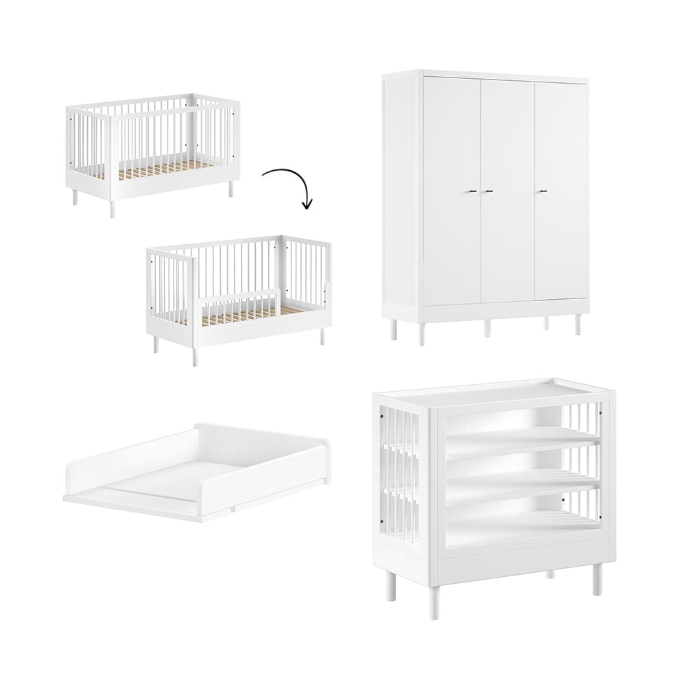 Jaxx - Forrest - 4-Piece Nursery Set - Convertible Cot + Changing Table + 3-Door Wardrobe - White Beech - 70 x 140 cm