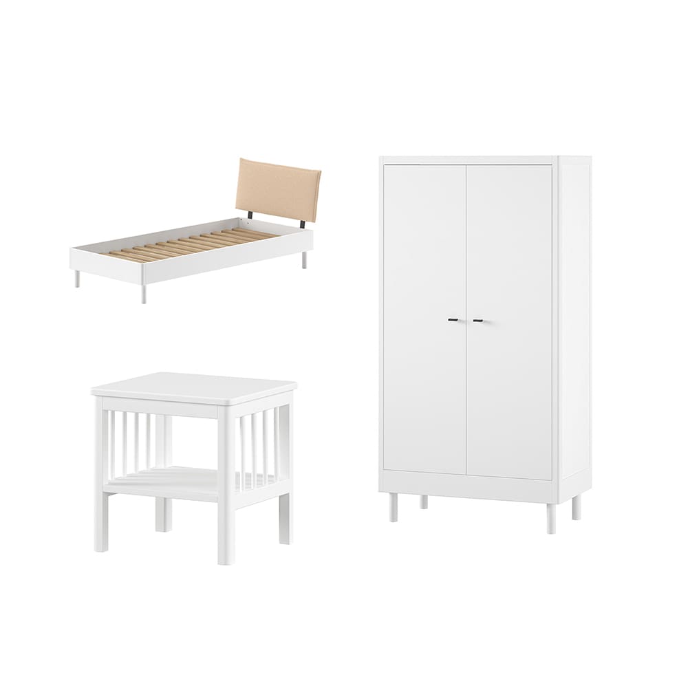 Vipack - Forrest - 3-Piece Bedroom Set - Bouclé Bed + 2-Door Wardrobe - White Beech - 90 x 200 cm