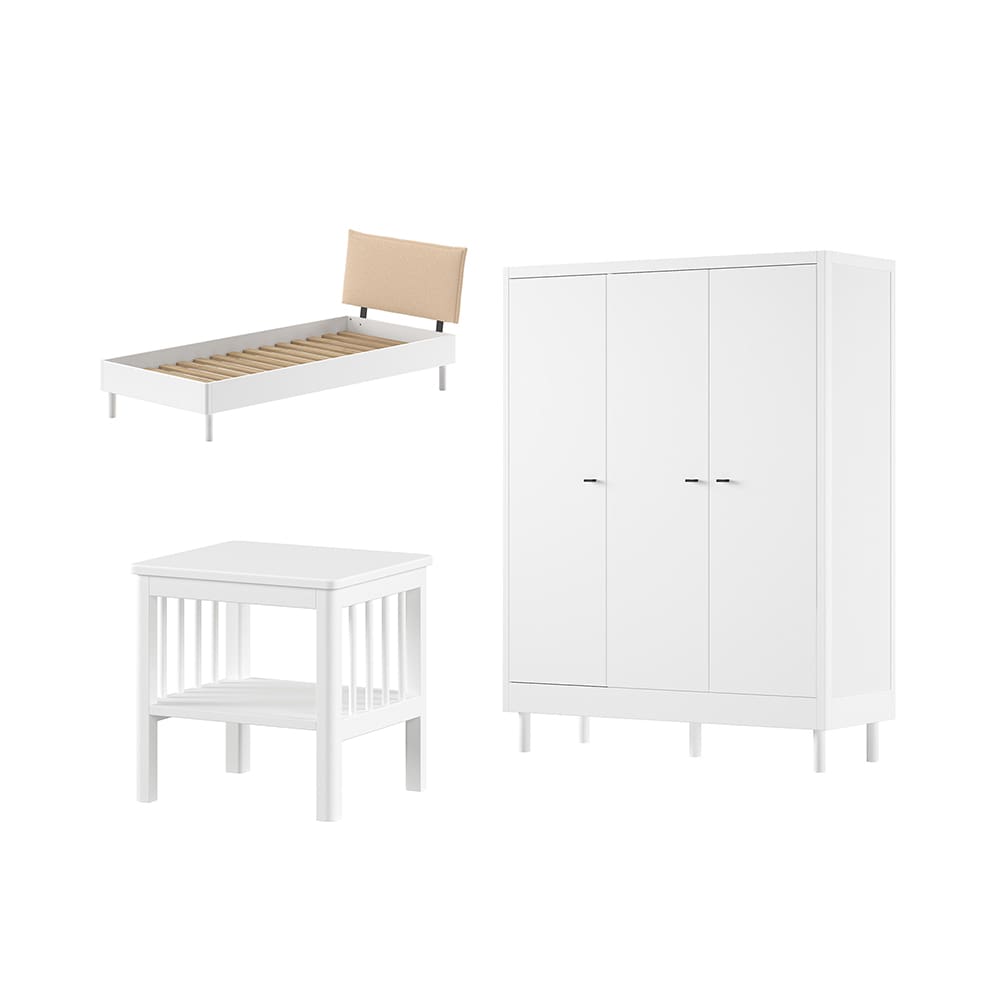Vipack - Forrest - 3-Piece Bedroom Set - Bouclé Bed + 3-Door Wardrobe - White Beech - 90 x 200 cm