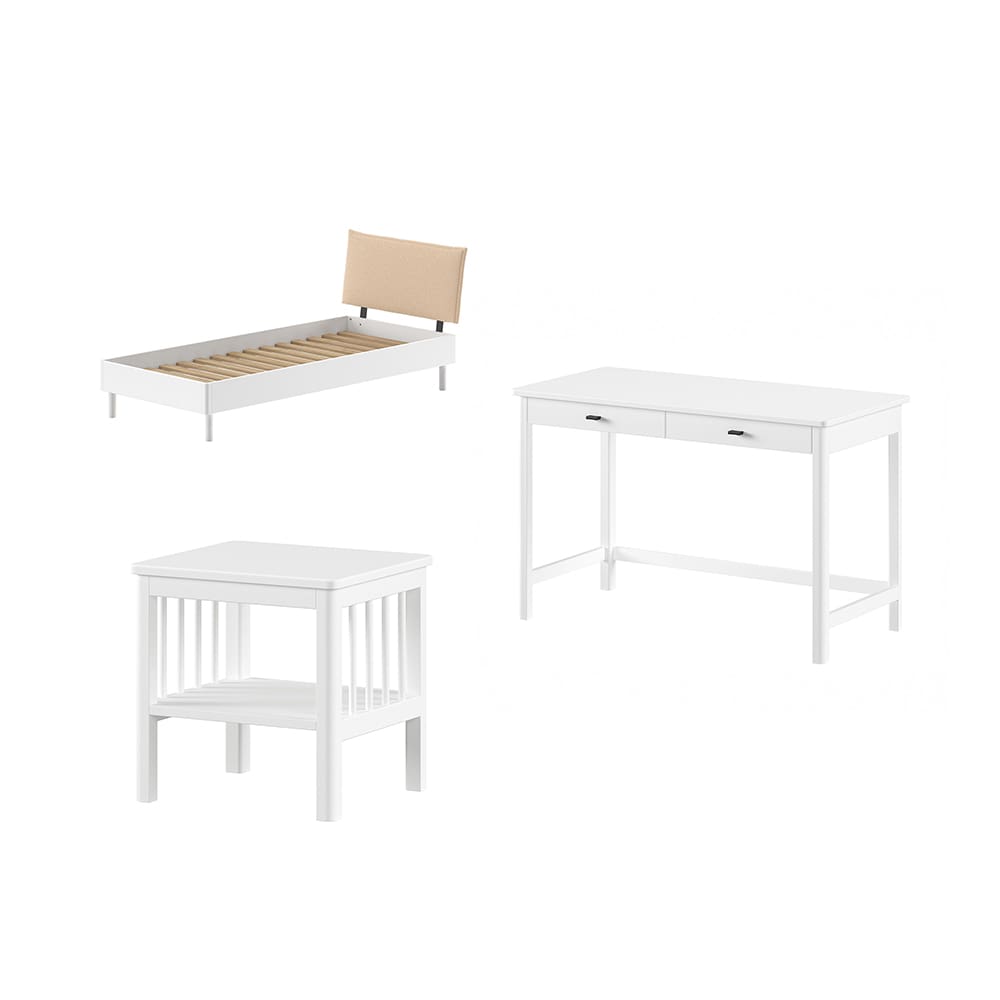 Vipack - Forrest - 3-Piece Bedroom Set - Bouclé Bed + Desk - White Beech - 90 x 200 cm