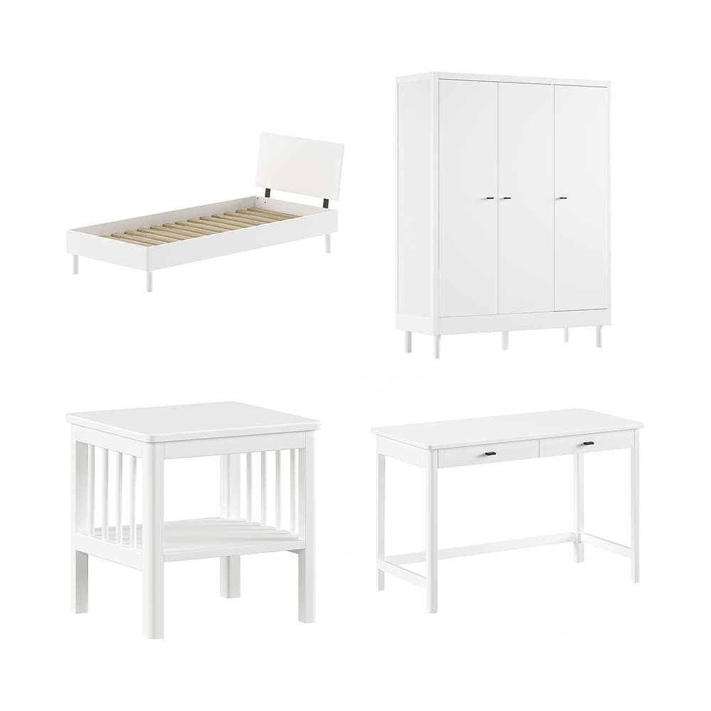 Vipack - Forrest - 4-Piece Bedroom Set - 3-Door Wardrobe + Desk - White Beech - 90 x 200 cm