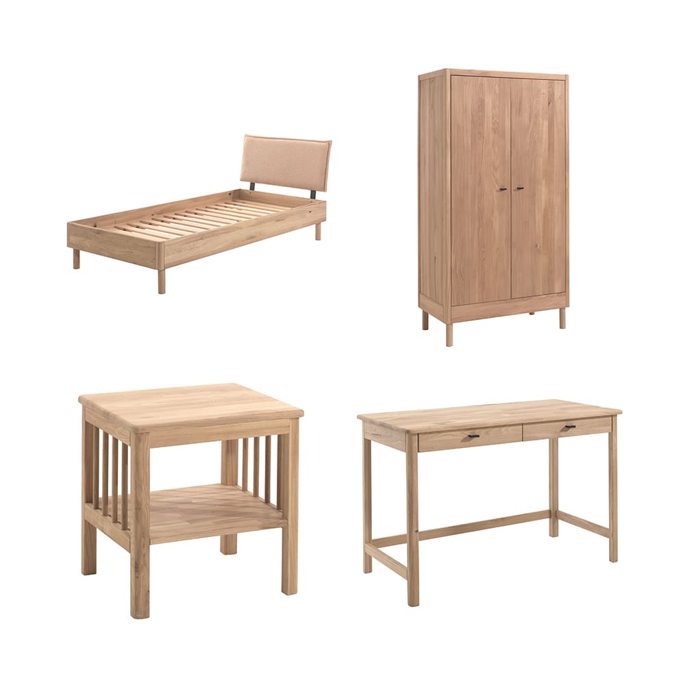 Vipack - Forrest - 4-Piece Bedroom Set - Bouclé Bed + 2-Door Wardrobe + Desk - Oak - 90 x 200 cm