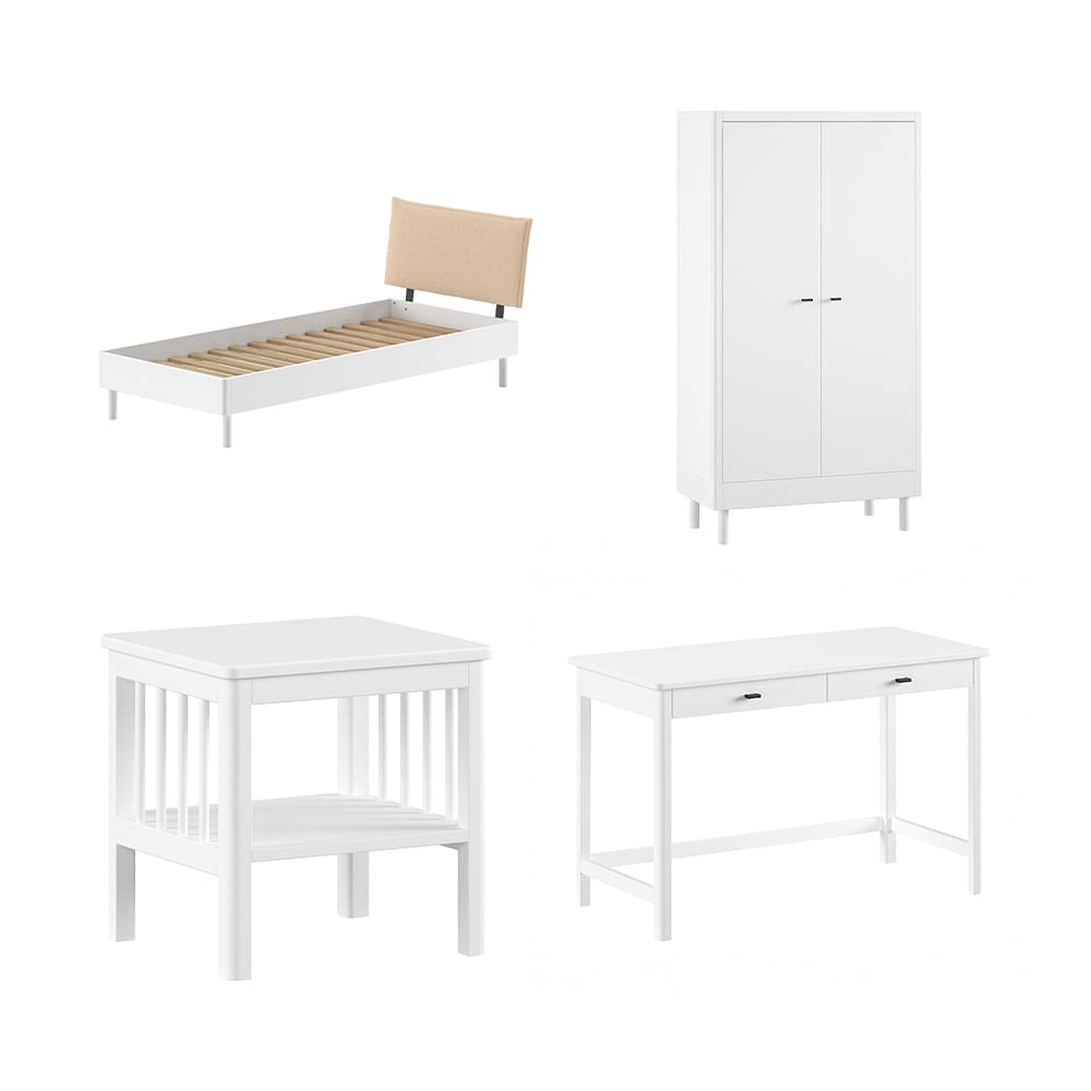 Vipack - Forrest - 4-Piece Bedroom Set - Bouclé Bed + 2-Door Wardrobe + Desk - White Beech - 90 x 200 cm