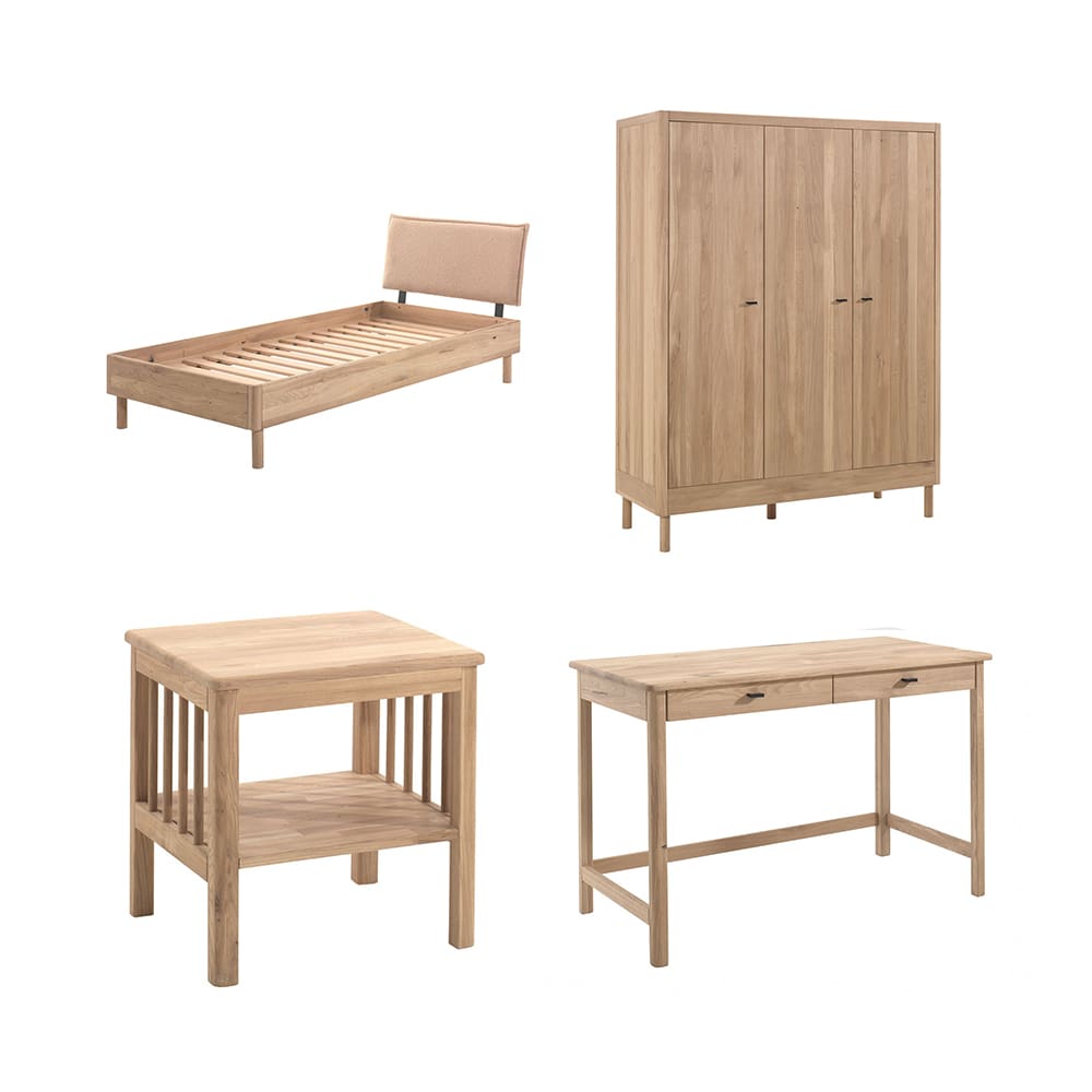 Vipack - Forrest - 4-Piece Bedroom Set - Bouclé Bed + 3-Door Wardrobe - Oak - 90 x 200 cm