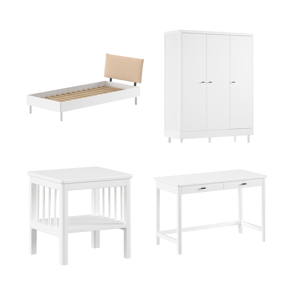 Vipack - Forrest - 4-Piece Bedroom Set - Bouclé Bed + 3-Door Wardrobe - White Beech - 90 x 200 cm