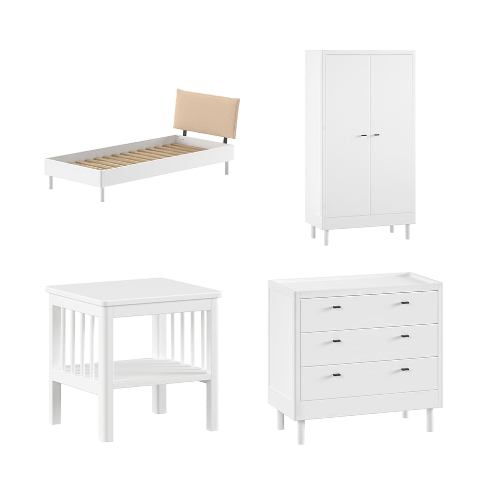 Vipack - Forrest - 4-Piece Bedroom Set - Bouclé Bed + 3-Drawer Chest - White Beech - 90 x 200 cm