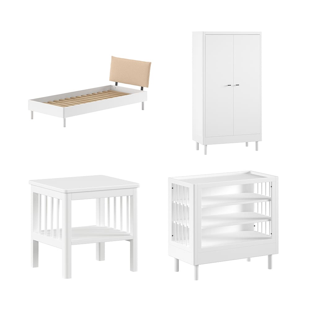 Vipack - Forrest - 4-Piece Bedroom Set - Bouclé Bed + Changing Table - White Beech - 90 x 200 cm