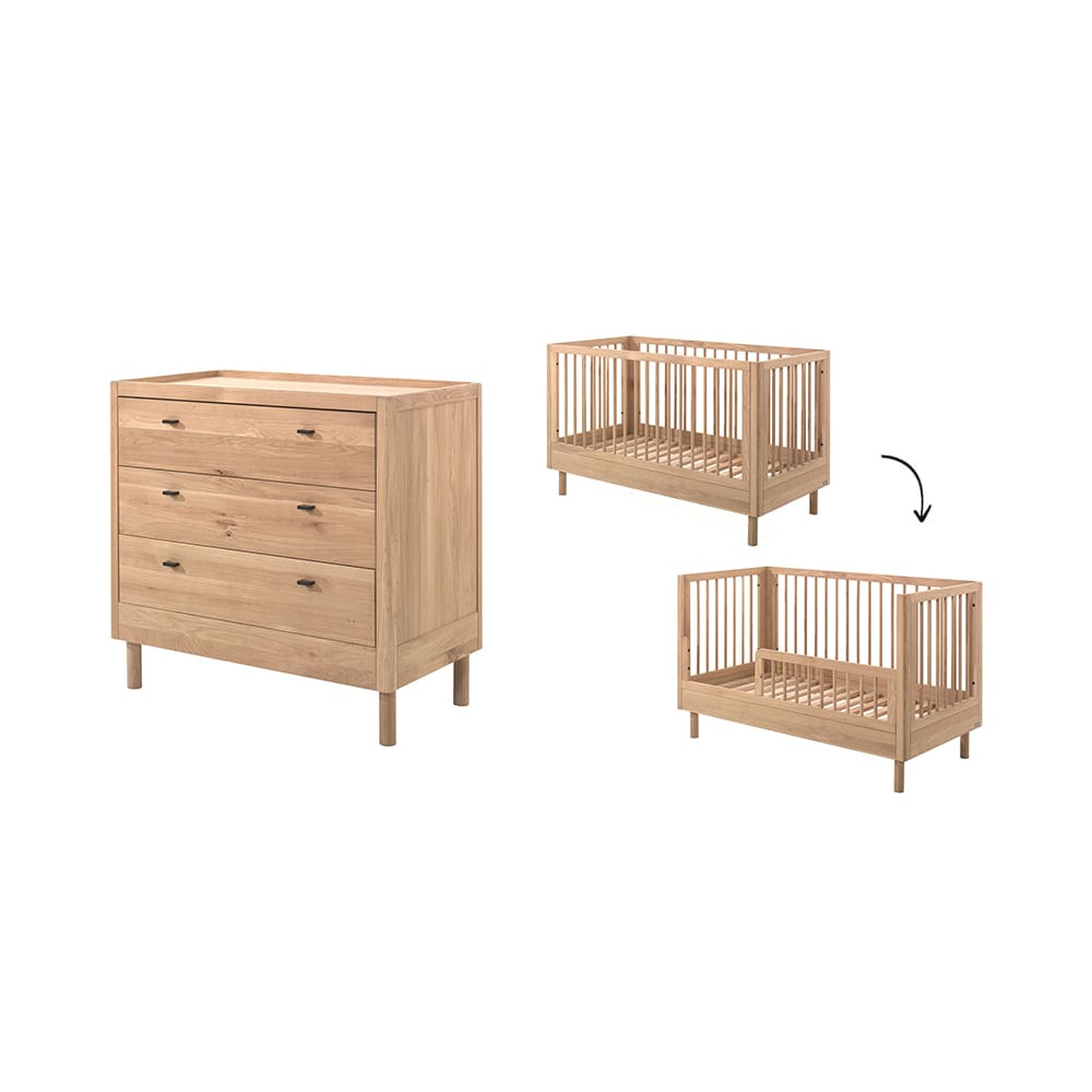 Jaxx - Forrest - 2-Piece Nursery Set - Convertible Cot + 3-Drawer Chest - Oak - 70 x 140 cm